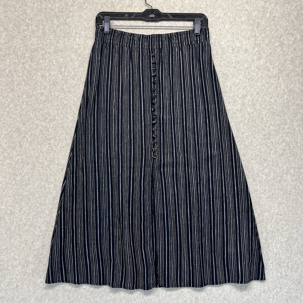 LOFT Navy White Striped Button‎ Front Midi Skirt Women's Size XS